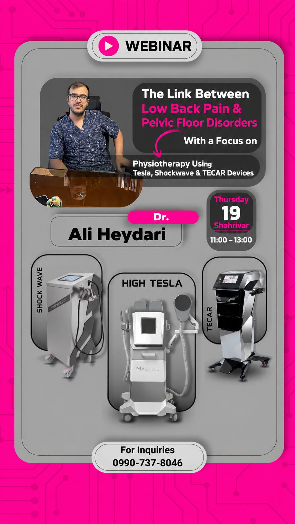 English webinar poster: Low Back Pain and Pelvic Floor Disorders, Dr. Ali Heydari, 10 September 2026